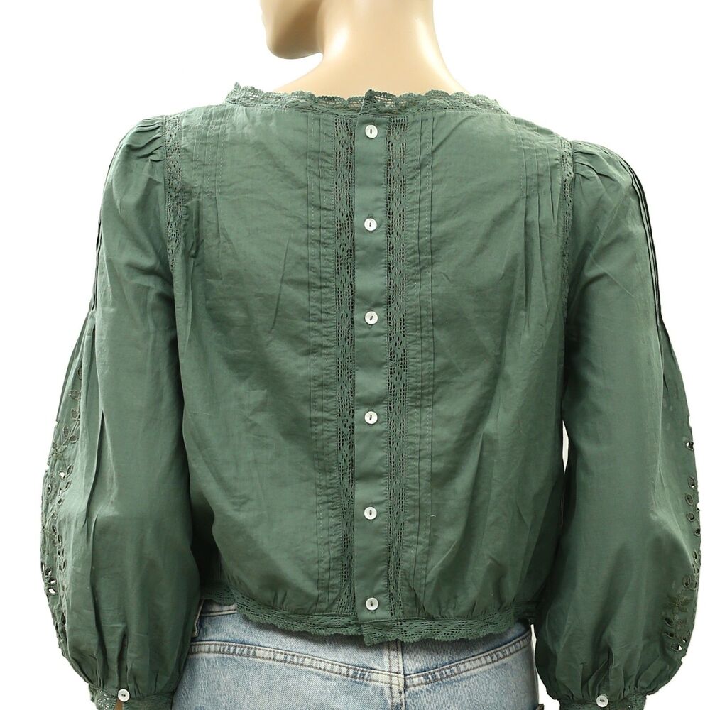 Sezane Enea Blouse Women's Top Eyelet Lace Embroidered Cotton Sage S-36 288882 - Picture 8 of 9